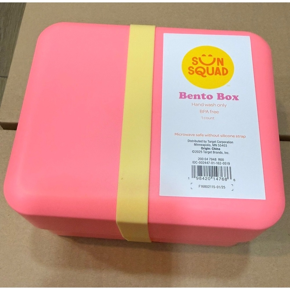 Sun Squad Pink Bento Box Two Tier Kids Lunch Container with Yellow Strap